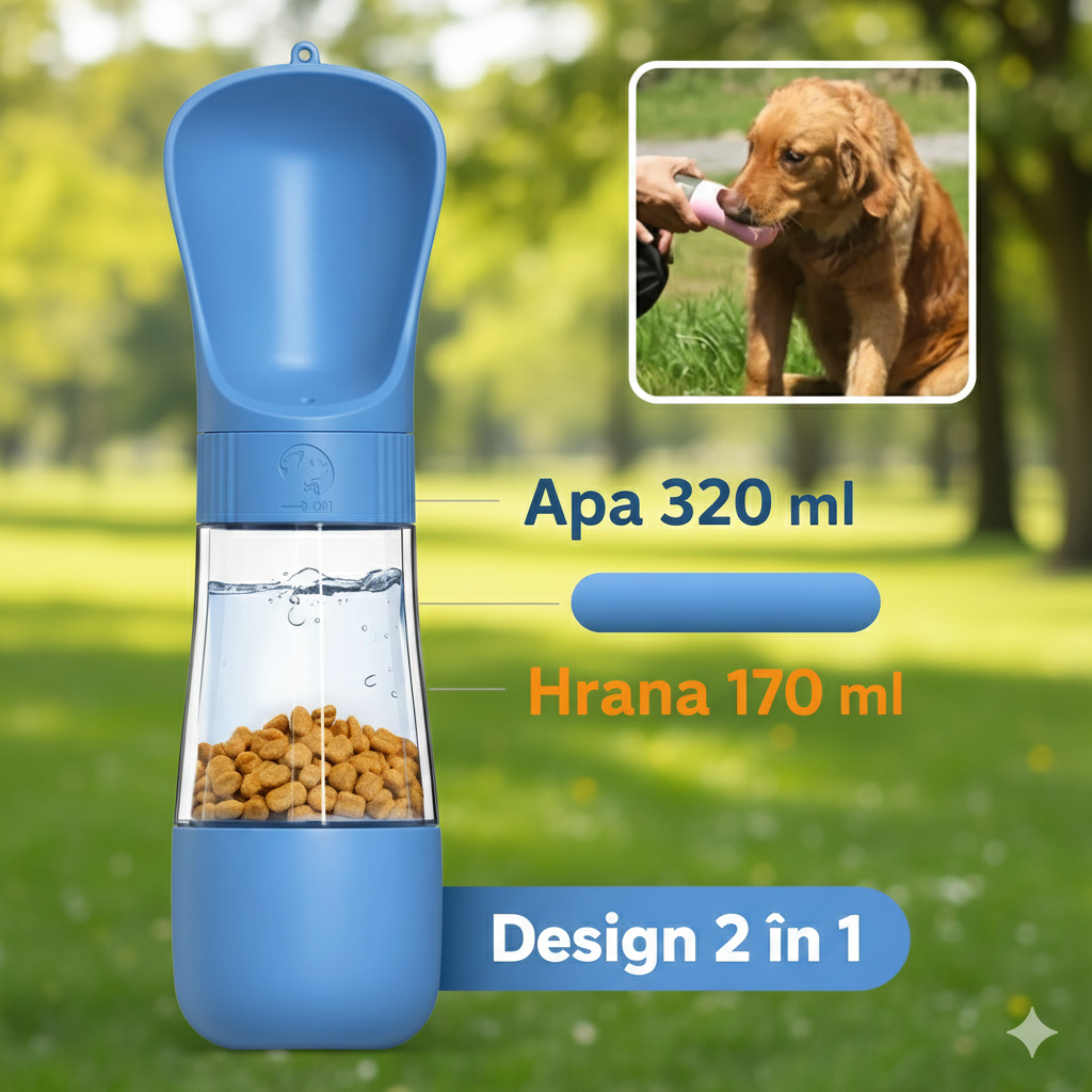 Sticla portabila 2 in 1 pentru apa si hrana, accesorii animale