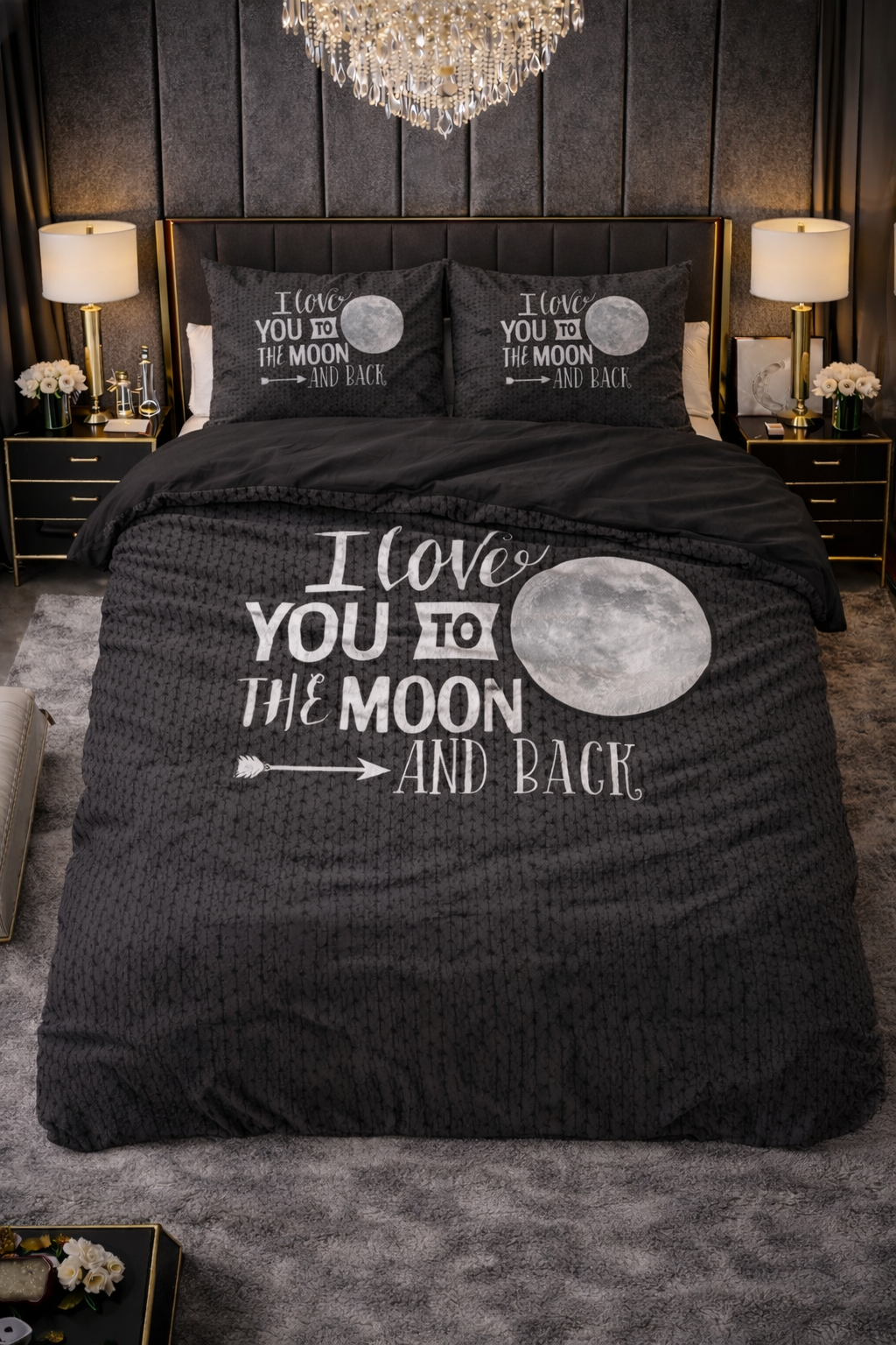 Lenjerie de pat Sleeptime, 1x husa pilota 200x200/220, 2x fete de perna 60x70, Microfibra, Hipoalergenica, 90 GSM, model Moon and Back Anthracite, imprimeu Print Digital, culoare Negru