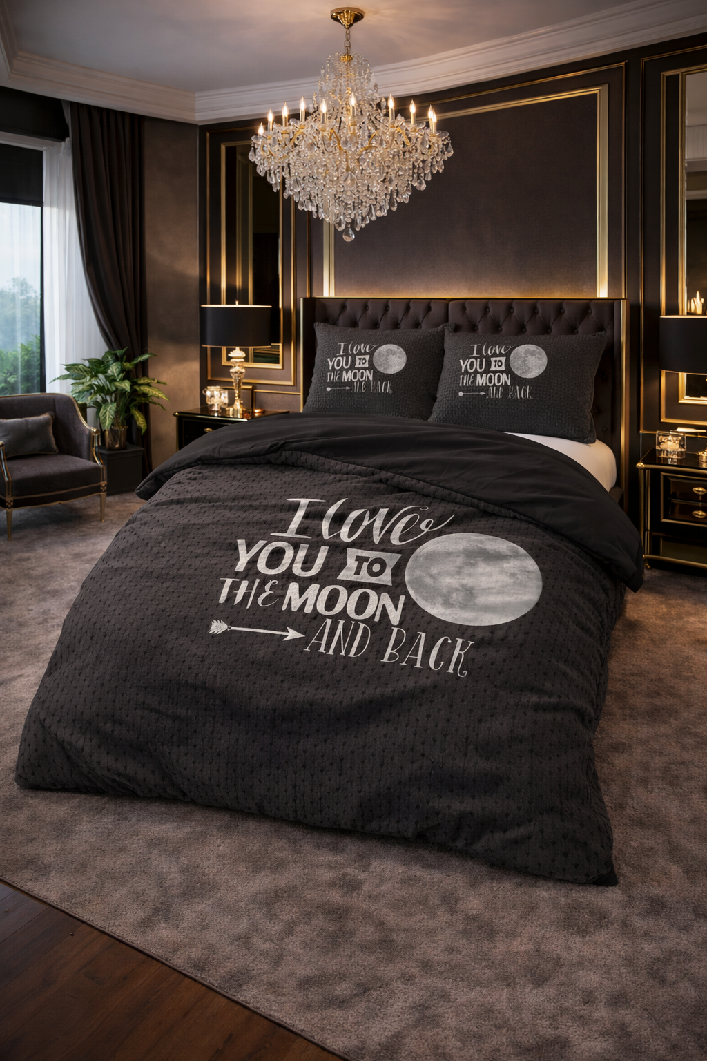 Lenjerie de pat Sleeptime, 1x husa pilota 200x200/220, 2x fete de perna 60x70, Microfibra, Hipoalergenica, 90 GSM, model Moon and Back Anthracite, imprimeu Print Digital, culoare Negru