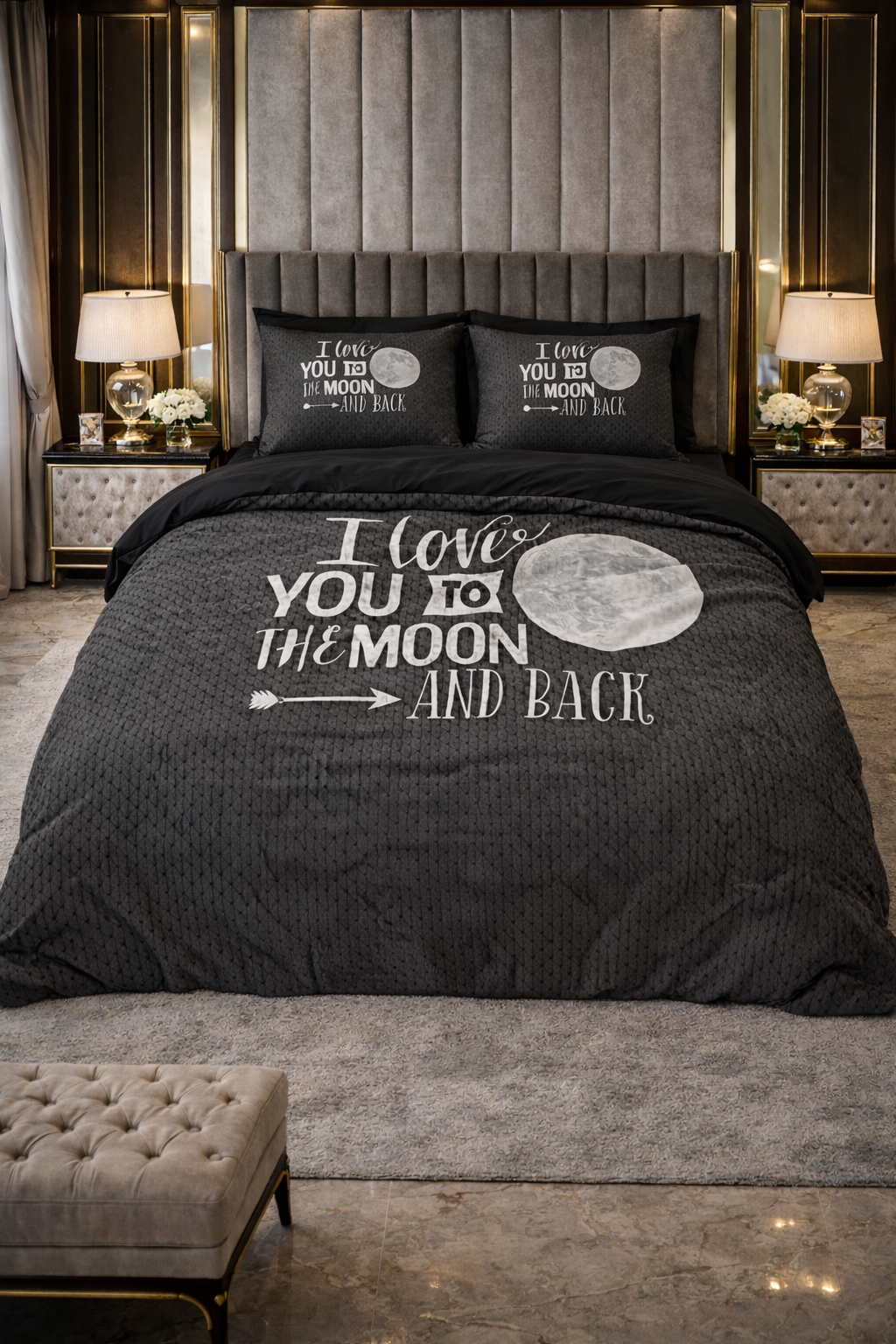 Lenjerie de pat Sleeptime, 1x husa pilota 200x200/220, 2x fete de perna 60x70, Microfibra, Hipoalergenica, 90 GSM, model Moon and Back Anthracite, imprimeu Print Digital, culoare Negru