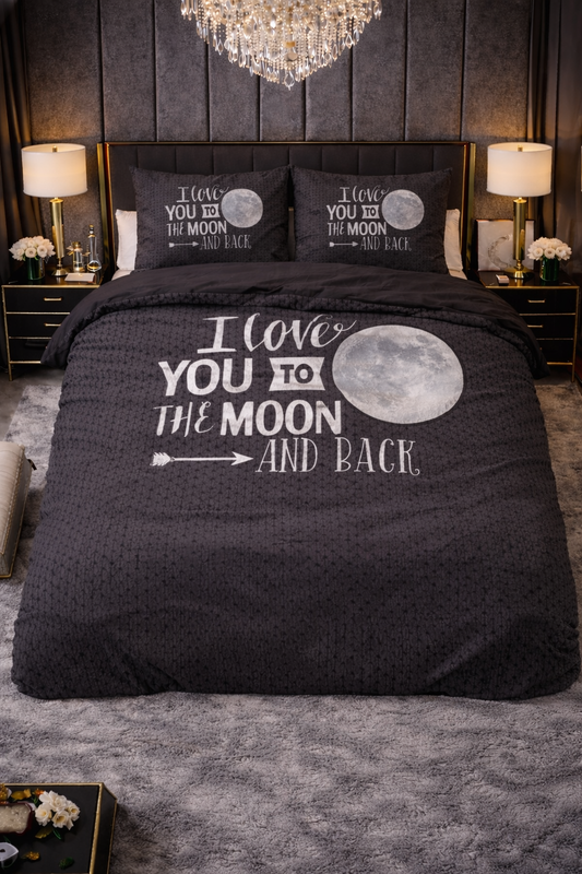 Lenjerie de pat Sleeptime, 1x husa pilota 200x200/220, 2x fete de perna 60x70, Microfibra, Hipoalergenica, 90 GSM, model Moon and Back Anthracite, imprimeu Print Digital, culoare Negru