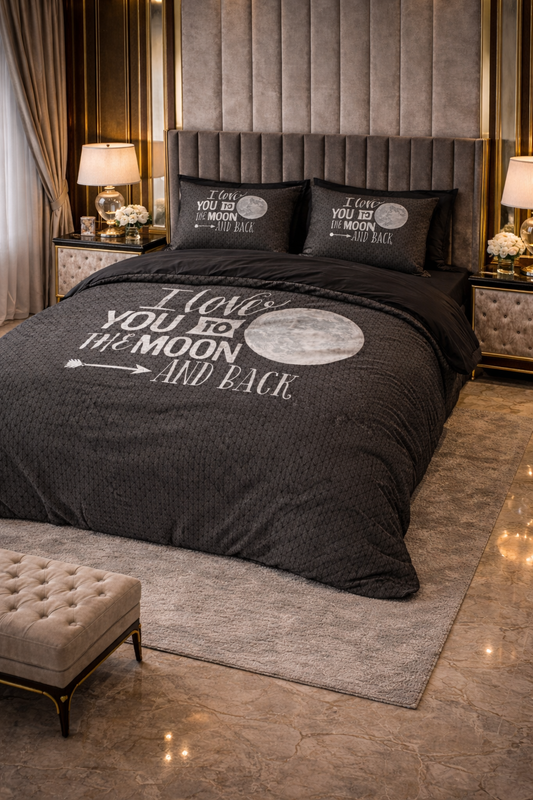 Lenjerie de pat Sleeptime, 1x husa pilota 200x200/220, 2x fete de perna 60x70, Microfibra, Hipoalergenica, 90 GSM, model Moon and Back Anthracite, imprimeu Print Digital, culoare Negru