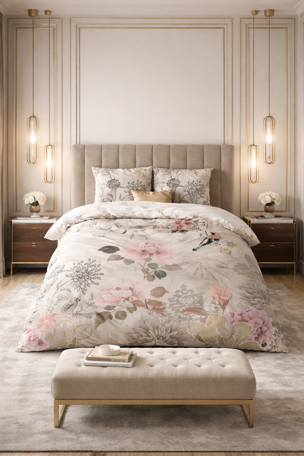 Lenjerie de pat Sleeptime, 1x husa pilota 200x200/220, 2x fete de perna 60x70, Microfibra, Hipoalergenica, 90 GSM, model Forest Flowers Cream, imprimeu Print Digital, culoare Bej
