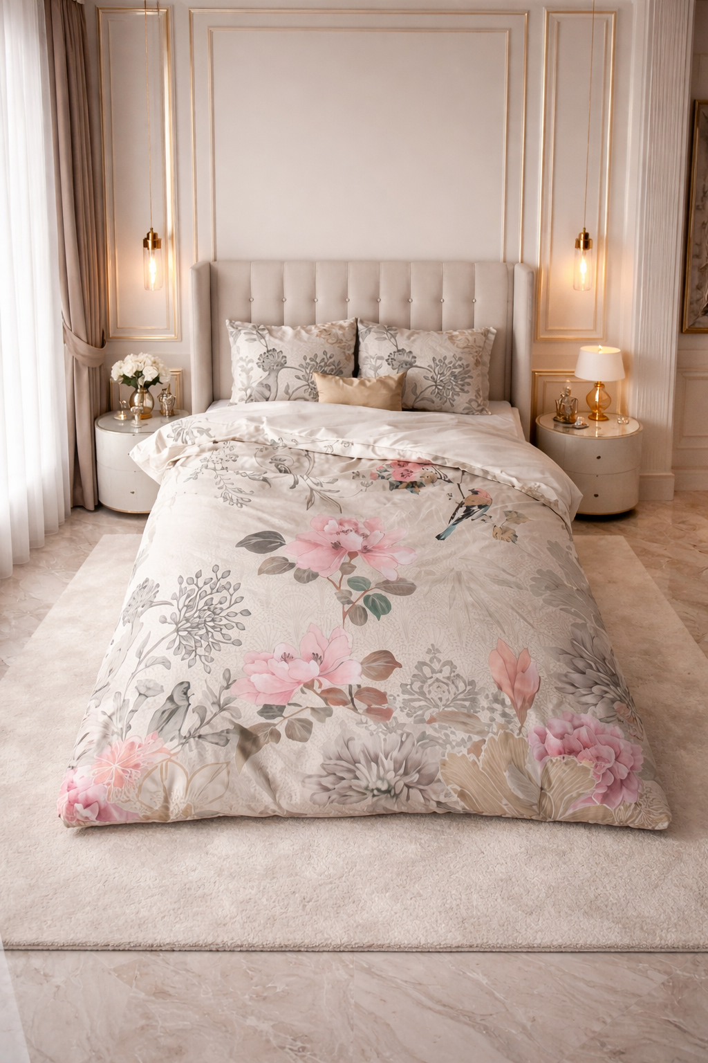 Lenjerie de pat Sleeptime, 1x husa pilota 200x200/220, 2x fete de perna 60x70, Microfibra, Hipoalergenica, 90 GSM, model Forest Flowers Cream, imprimeu Print Digital, culoare Bej
