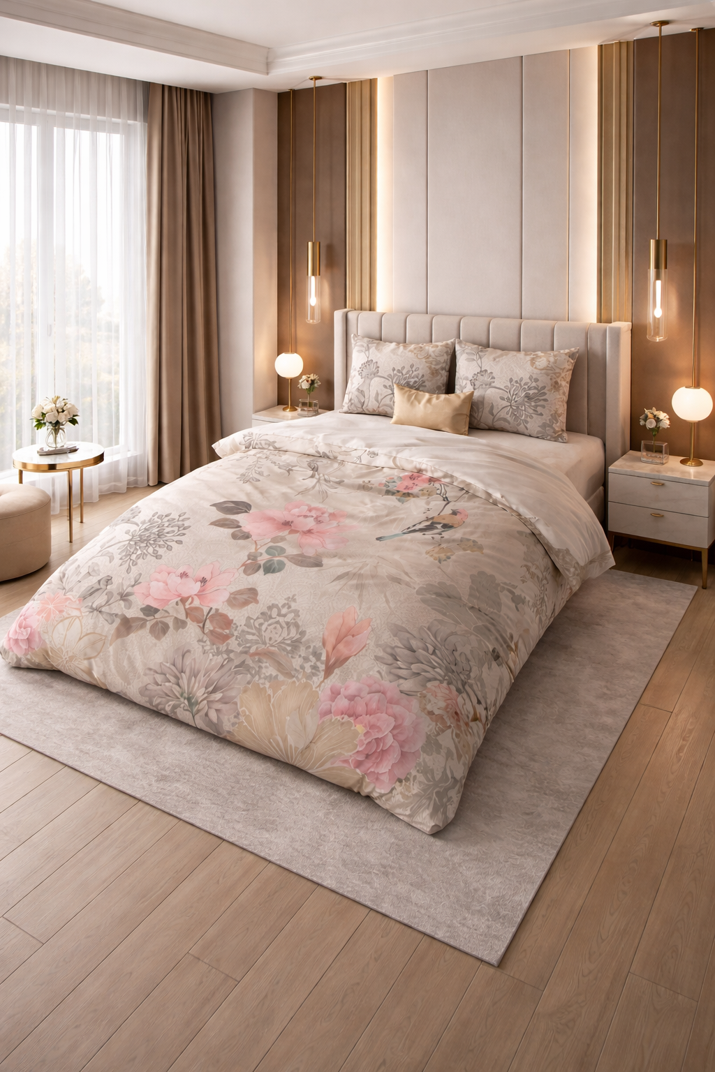 Lenjerie de pat Sleeptime, 1x husa pilota 200x200/220, 2x fete de perna 60x70, Microfibra, Hipoalergenica, 90 GSM, model Forest Flowers Cream, imprimeu Print Digital, culoare Bej
