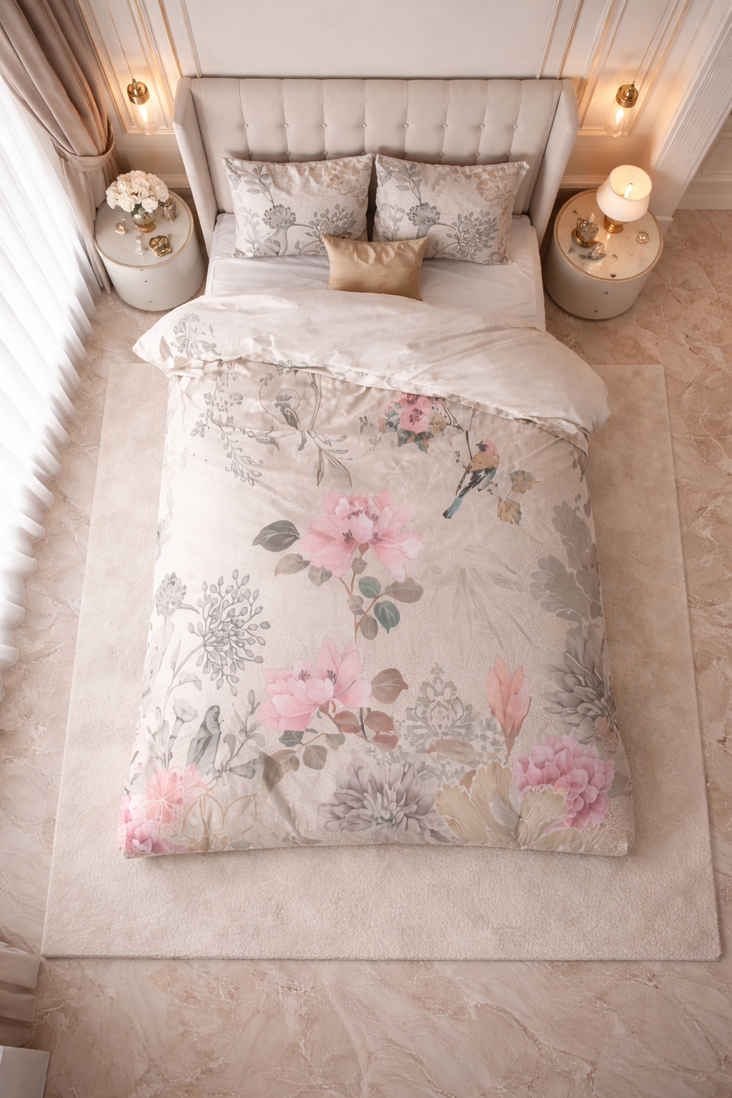 Lenjerie de pat Sleeptime, 1x husa pilota 200x200/220, 2x fete de perna 60x70, Microfibra, Hipoalergenica, 90 GSM, model Forest Flowers Cream, imprimeu Print Digital, culoare Bej