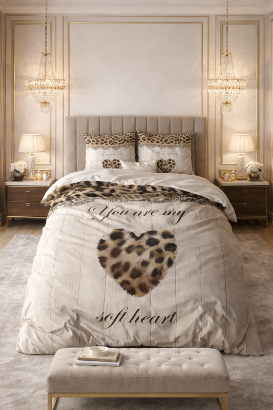 Lenjerie de pat Sleeptime, 1x husa pilota 200x200/220, 2x fete de perna 60x70, Microfibra, Hipoalergenica, 90 GSM, model You Are My Heart Sand, imprimeu Print Digital, culoare Maro