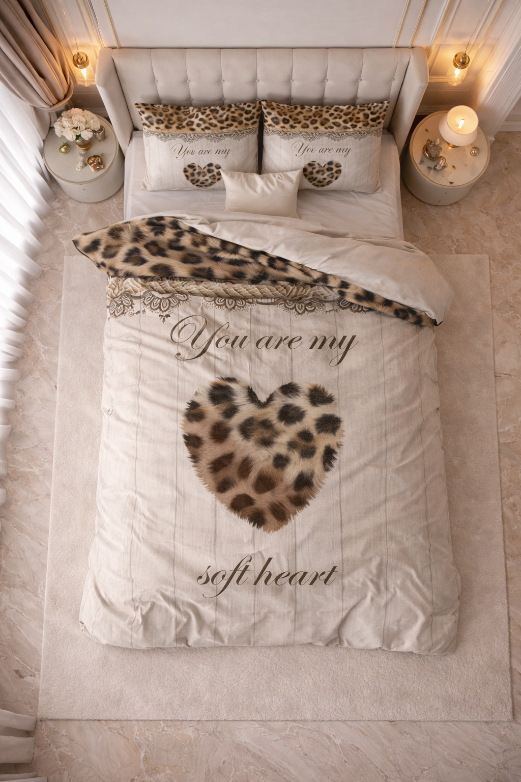 Lenjerie de pat Sleeptime, 1x husa pilota 200x200/220, 2x fete de perna 60x70, Microfibra, Hipoalergenica, 90 GSM, model You Are My Heart Sand, imprimeu Print Digital, culoare Maro