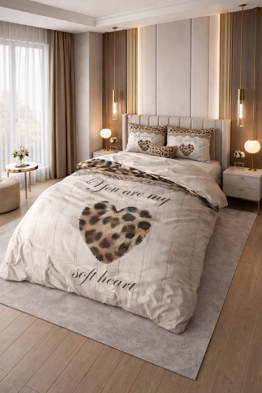 Lenjerie de pat Sleeptime, 1x husa pilota 200x200/220, 2x fete de perna 60x70, Microfibra, Hipoalergenica, 90 GSM, model You Are My Heart Sand, imprimeu Print Digital, culoare Maro