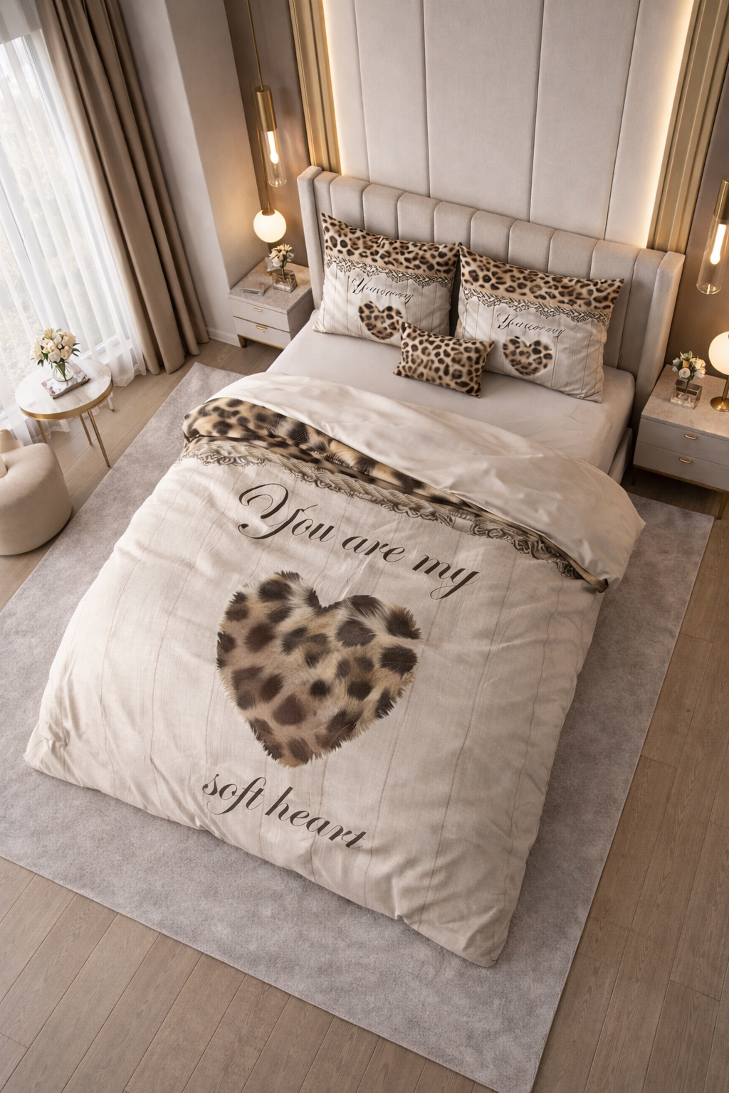 Lenjerie de pat Sleeptime, 1x husa pilota 200x200/220, 2x fete de perna 60x70, Microfibra, Hipoalergenica, 90 GSM, model You Are My Heart Sand, imprimeu Print Digital, culoare Maro