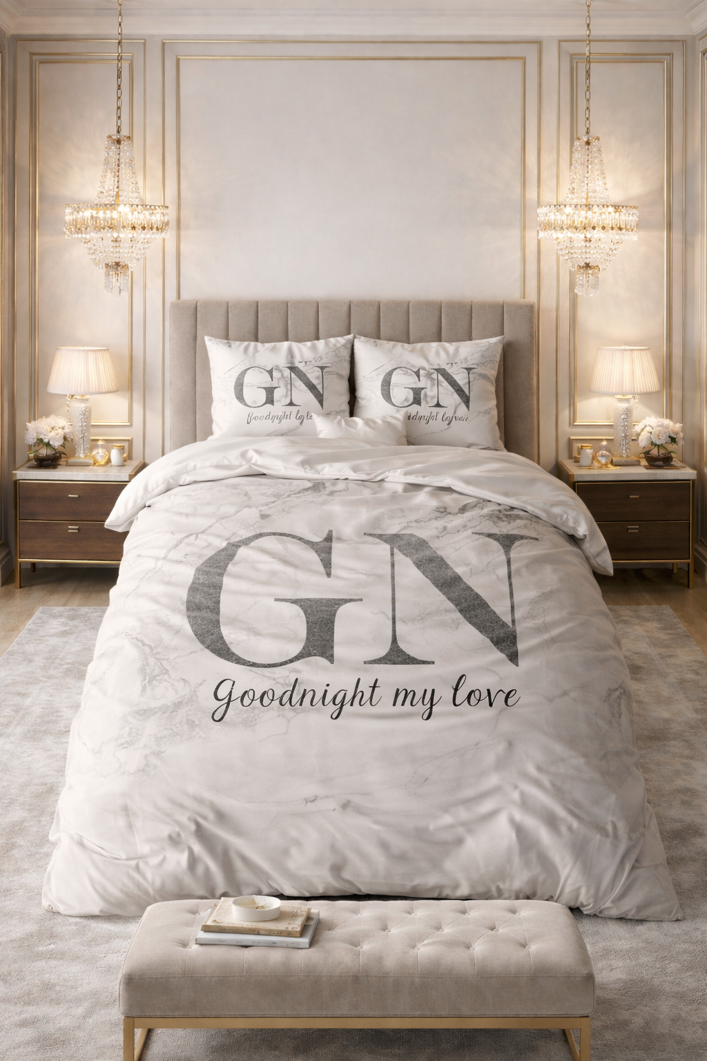 Lenjerie de pat Sleeptime, 1x husa pilota 200x200/220, 2x fete de perna 60x70, Microfibra, Hipoalergenica, 90 GSM, model Good Night Silver, imprimeu Print Digital, culoare Alb