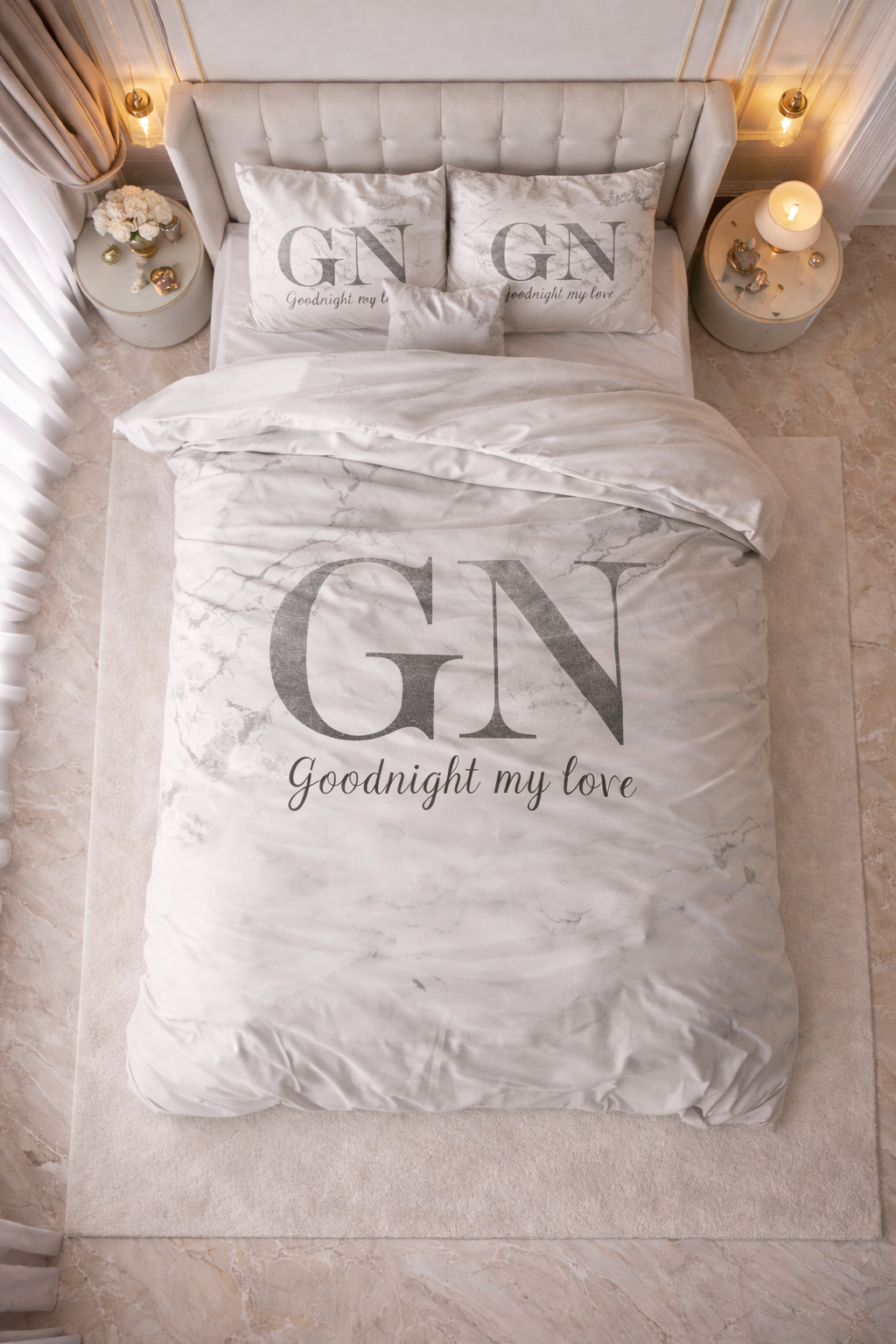 Lenjerie de pat Sleeptime, 1x husa pilota 200x200/220, 2x fete de perna 60x70, Microfibra, Hipoalergenica, 90 GSM, model Good Night Silver, imprimeu Print Digital, culoare Alb