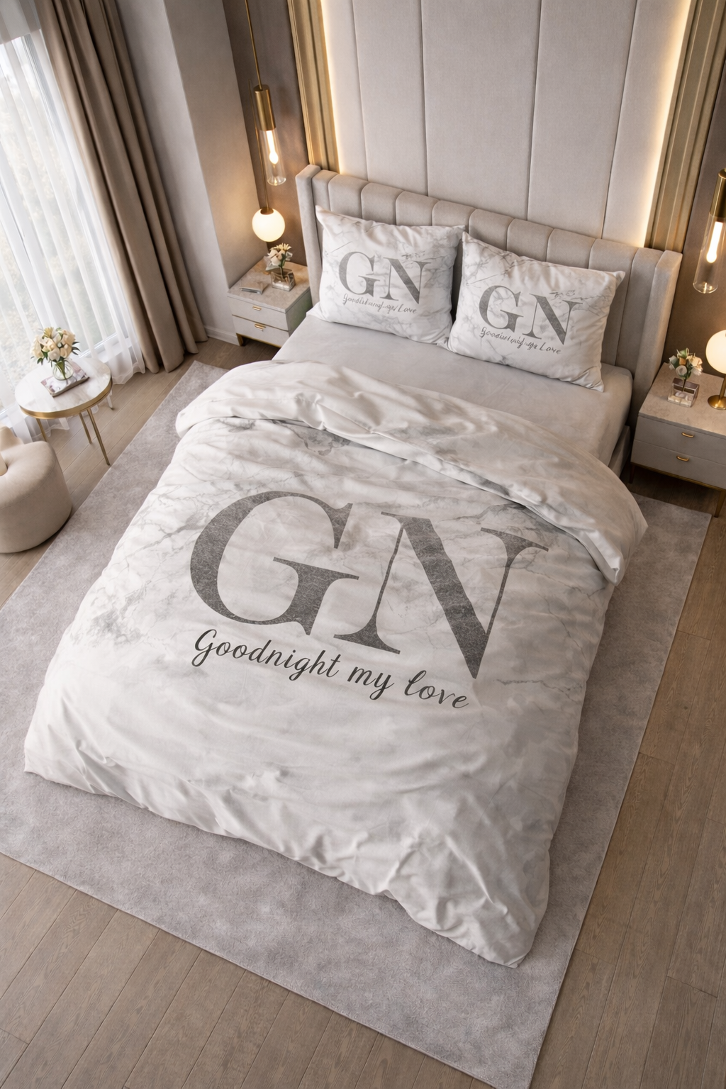 Lenjerie de pat Sleeptime, 1x husa pilota 200x200/220, 2x fete de perna 60x70, Microfibra, Hipoalergenica, 90 GSM, model Good Night Silver, imprimeu Print Digital, culoare Alb