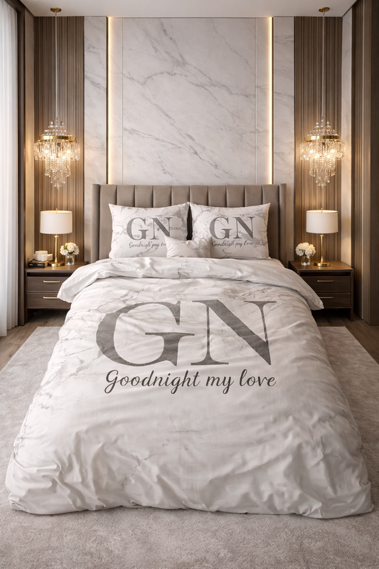 Lenjerie de pat Sleeptime, 1x husa pilota 200x200/220, 2x fete de perna 60x70, Microfibra, Hipoalergenica, 90 GSM, model Good Night Silver, imprimeu Print Digital, culoare Alb