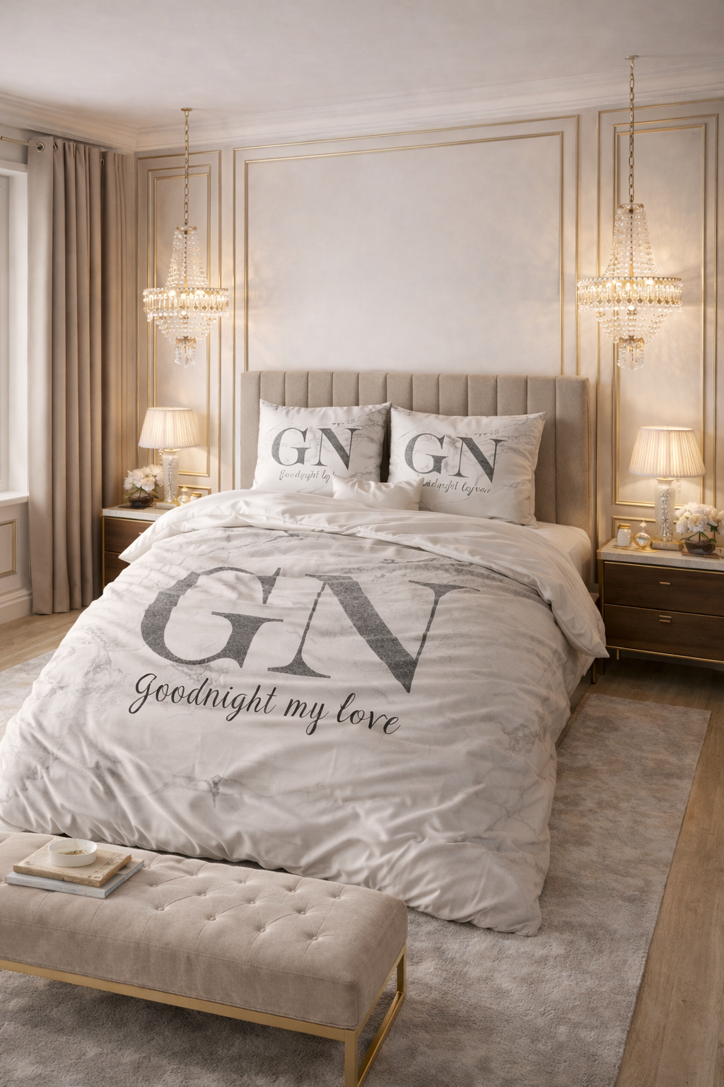 Lenjerie de pat Sleeptime, 1x husa pilota 200x200/220, 2x fete de perna 60x70, Microfibra, Hipoalergenica, 90 GSM, model Good Night Silver, imprimeu Print Digital, culoare Alb