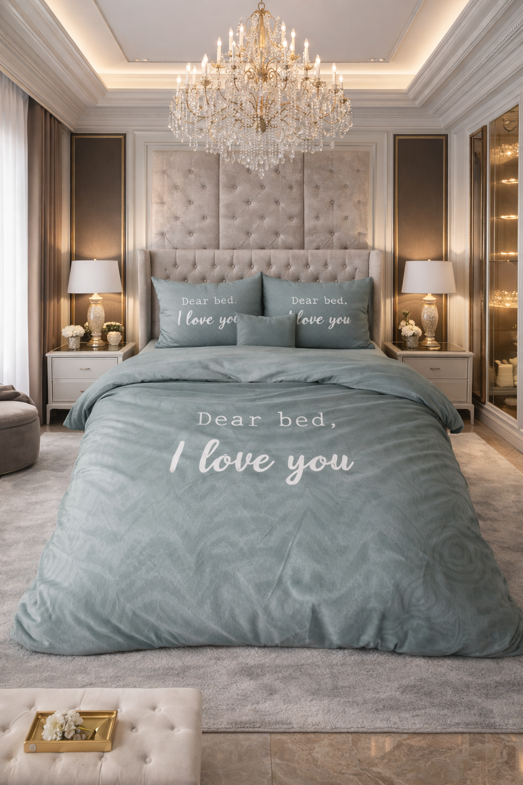 Lenjerie de pat Sleeptime, 1x husa pilota 200x200/220, 2x fete de perna 60x70, Microfibra, Hipoalergenica, model I Love Bed Green, culoare Verde