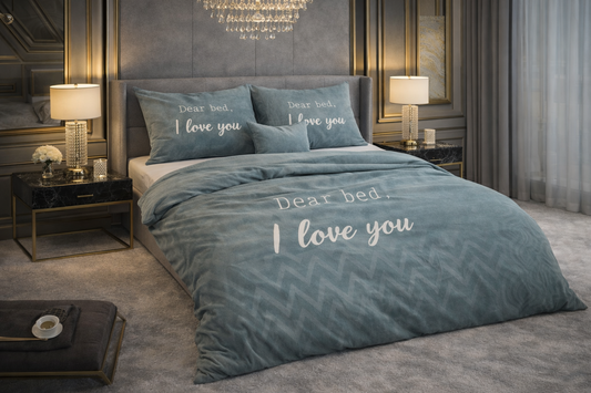 Lenjerie de pat Sleeptime, 1x husa pilota 200x200/220, 2x fete de perna 60x70, Microfibra, Hipoalergenica, model I Love Bed Green, culoare Verde