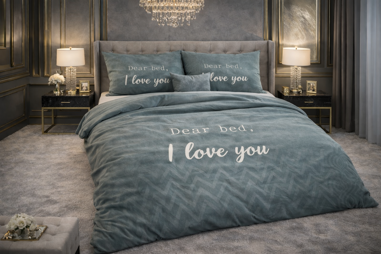 Lenjerie de pat Sleeptime, 1x husa pilota 200x200/220, 2x fete de perna 60x70, Microfibra, Hipoalergenica, model I Love Bed Green, culoare Verde