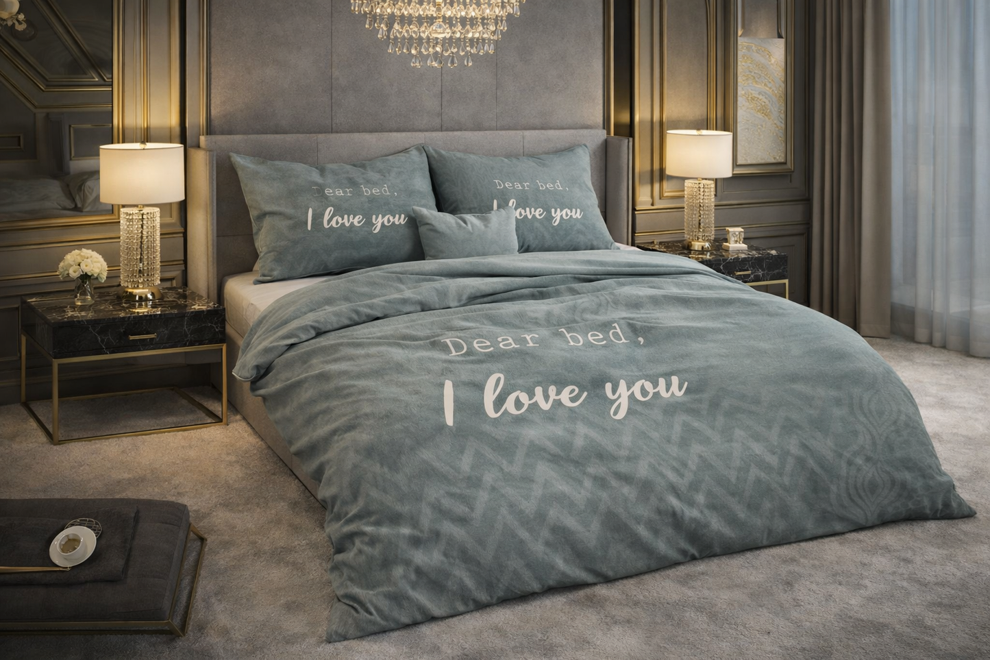 Lenjerie de pat Sleeptime, 1x husa pilota 200x200/220, 2x fete de perna 60x70, Microfibra, Hipoalergenica, model I Love Bed Green, culoare Verde