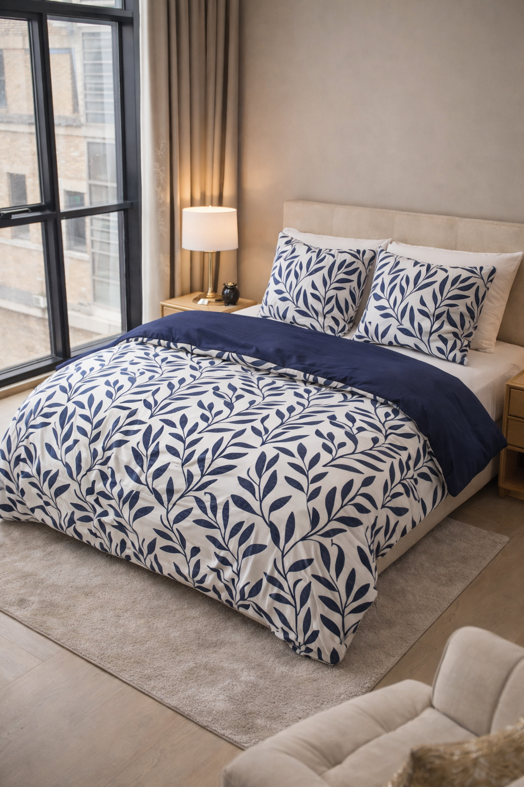 Lenjerie de pat Sleeptime, 1x husa pilota 140x200/220, 1x fete de perna 60x70, Bumbac 100%, Hipoalergenica, 128T, model Pure Blue Willow Blue, culoare Albastra