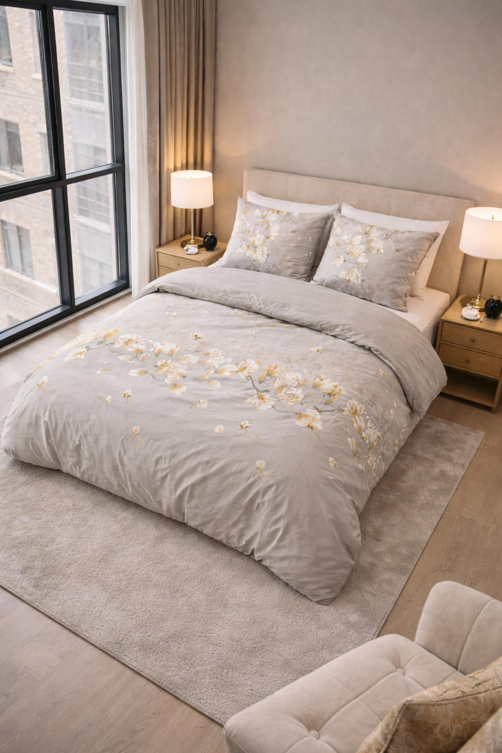 Lenjerie de pat Sleeptime, 1x husa pilota 140x200/220, 1x fete de perna 60x70, Microfibra 100%, Hipoalergenica, 90 GSM, model Summer Flower Sand, imprimeu Digital, culoare Gri