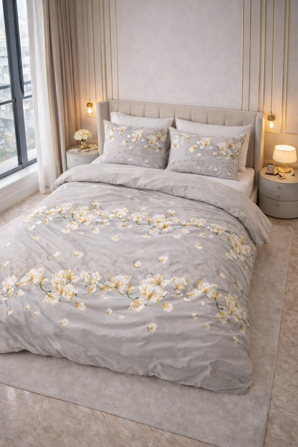 Lenjerie de pat Sleeptime, 1x husa pilota 140x200/220, 1x fete de perna 60x70, Microfibra 100%, Hipoalergenica, 90 GSM, model Summer Flower Sand, imprimeu Digital, culoare Gri