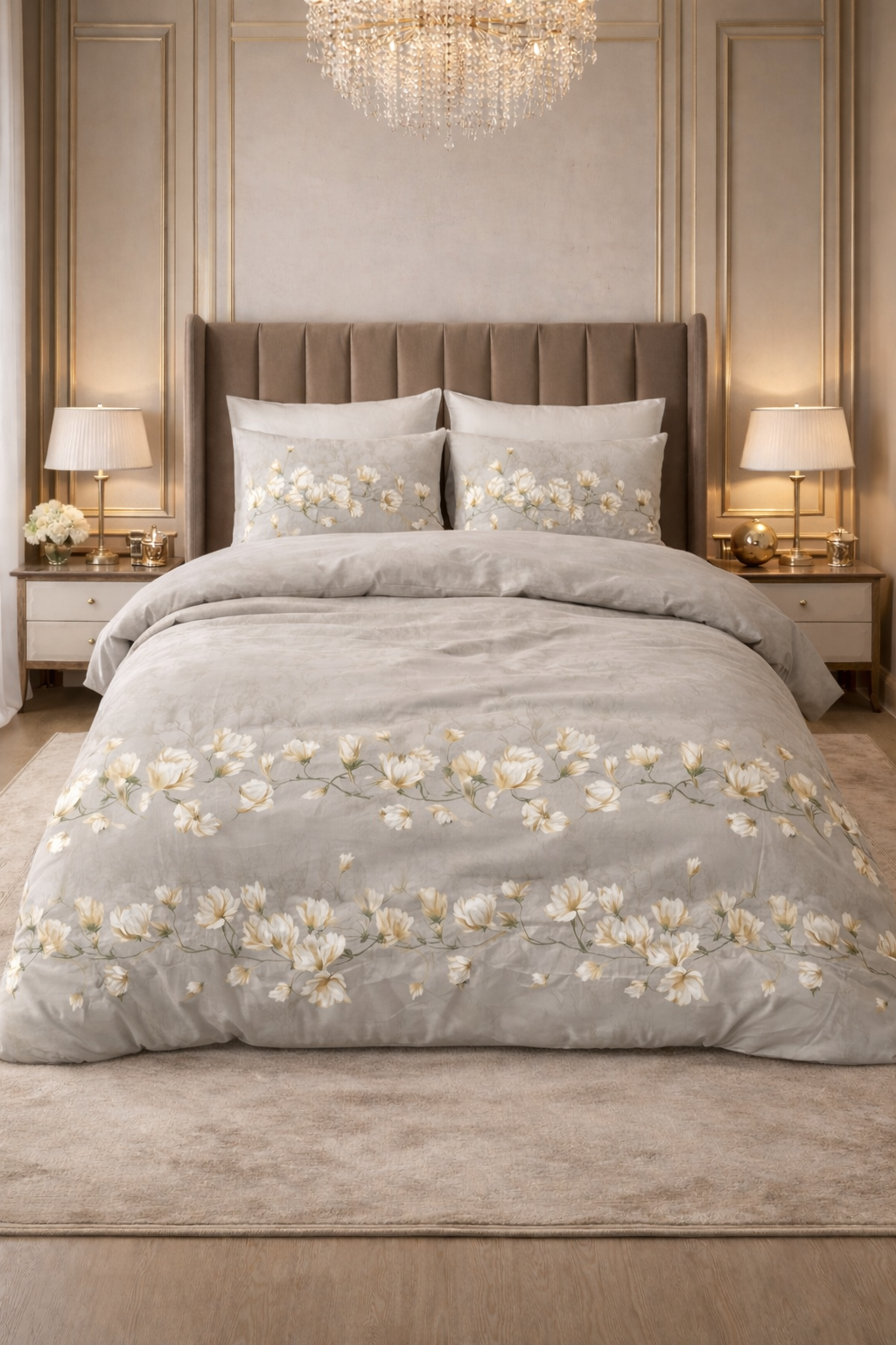 Lenjerie de pat Sleeptime, 1x husa pilota 140x200/220, 1x fete de perna 60x70, Microfibra 100%, Hipoalergenica, 90 GSM, model Summer Flower Sand, imprimeu Digital, culoare Gri