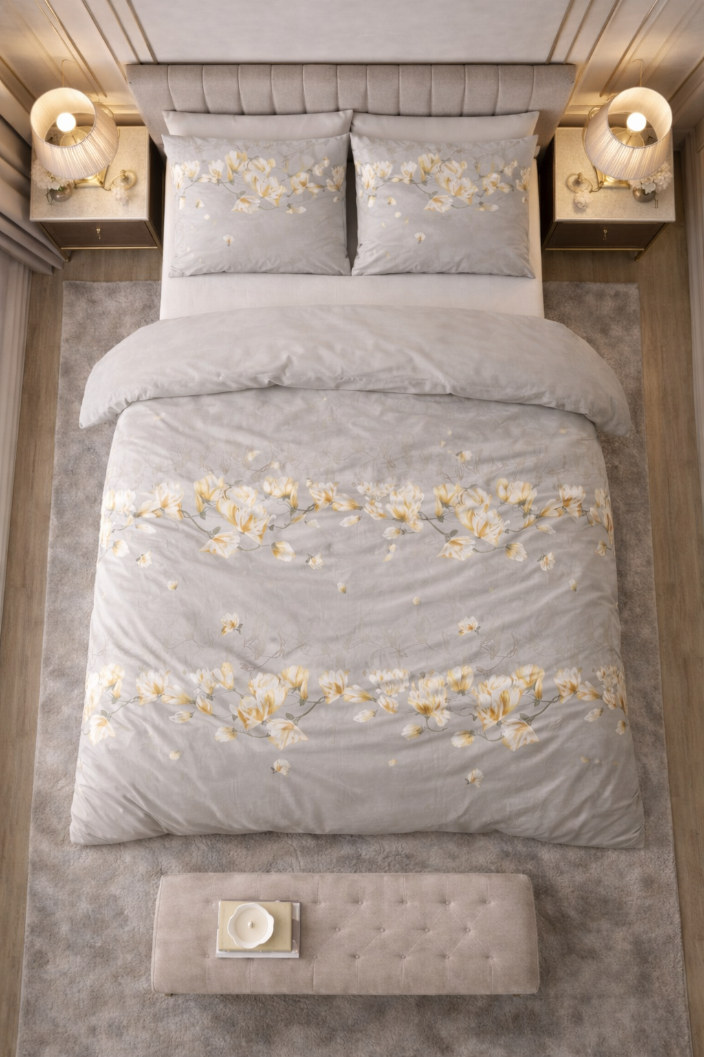 Lenjerie de pat Sleeptime, 1x husa pilota 140x200/220, 1x fete de perna 60x70, Microfibra 100%, Hipoalergenica, 90 GSM, model Summer Flower Sand, imprimeu Digital, culoare Gri