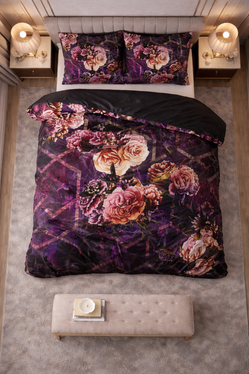 Lenjerie de pat Sleeptime, 1x husa pilota 140x200/220, 1x fete de perna 60x70, Microfibra 100%, Hipoalergenica, 90 GSM, model Marise Purple, imprimeu Digital, culoare Mov