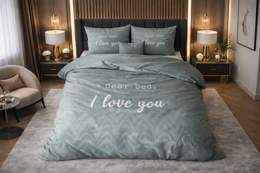 Lenjerie de pat Sleeptime, 1x husa pilota 200x200/220, 2x fete de perna 60x70, Microfibra, Hipoalergenica, model I Love Bed Green, culoare Verde