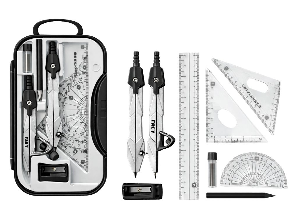 Set Geometrie 9 Piese cu 2 Compasuri, Rigla, Echer, Raportor si Cutie pentru Scoala