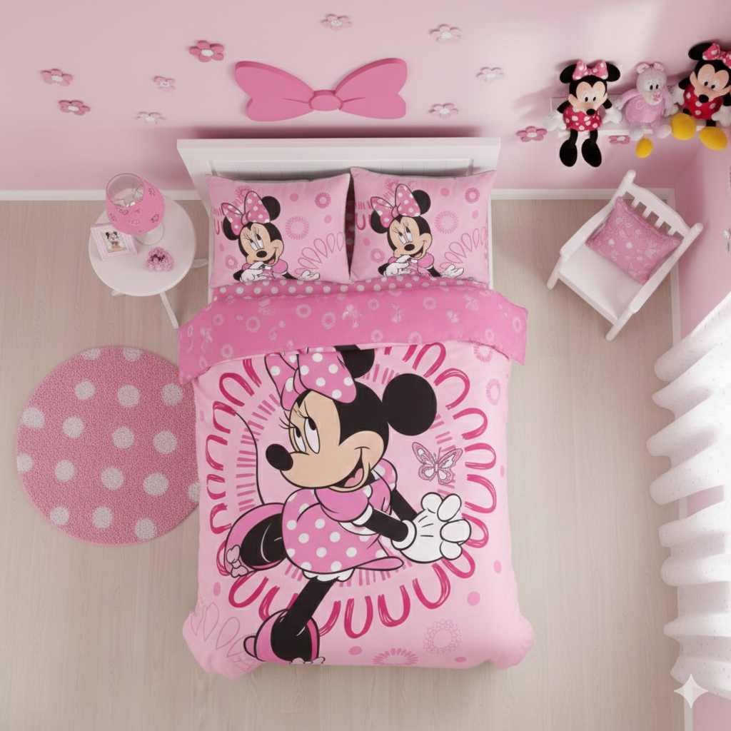 Lenjerie de pat Javoli, 1x husa pilota 140x200, 1x fete de perna 70x90, Bumbac 100%, Hipoalergenica, model Disney Minnie Sightly, culoare Multicolor