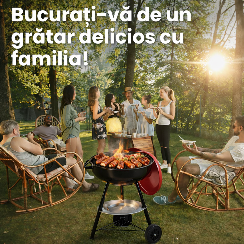 Gratar carbuni cu capac si roti, 50x40 cm, aerisire reglabila, raft, otel, negru/rosu
