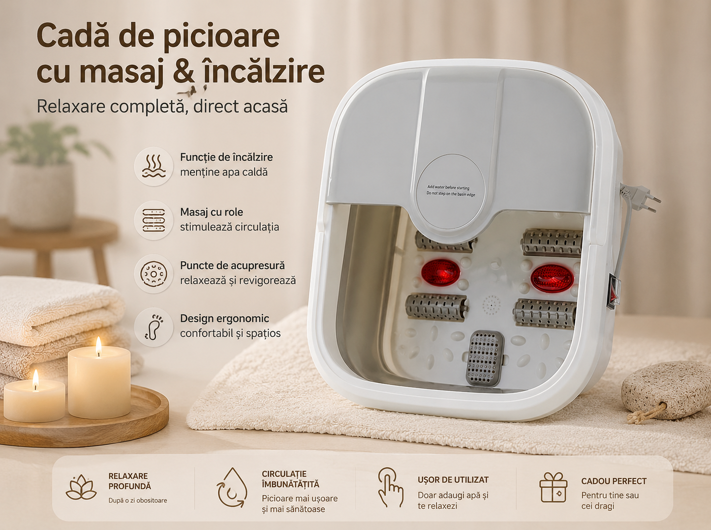 Cada de Masaj pentru Picioare Pliabila, 15L, Incalzire, Bule si Role, 2 Zone, Gri