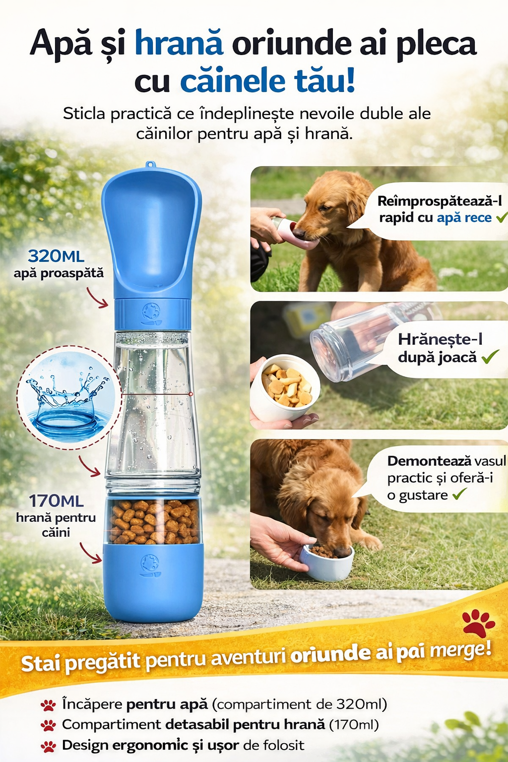 Sticla portabila 2 in 1 pentru apa si hrana, accesorii animale