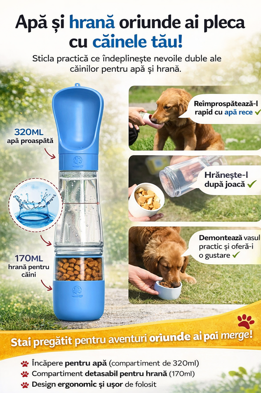 Sticla portabila 2 in 1 pentru apa si hrana, accesorii animale