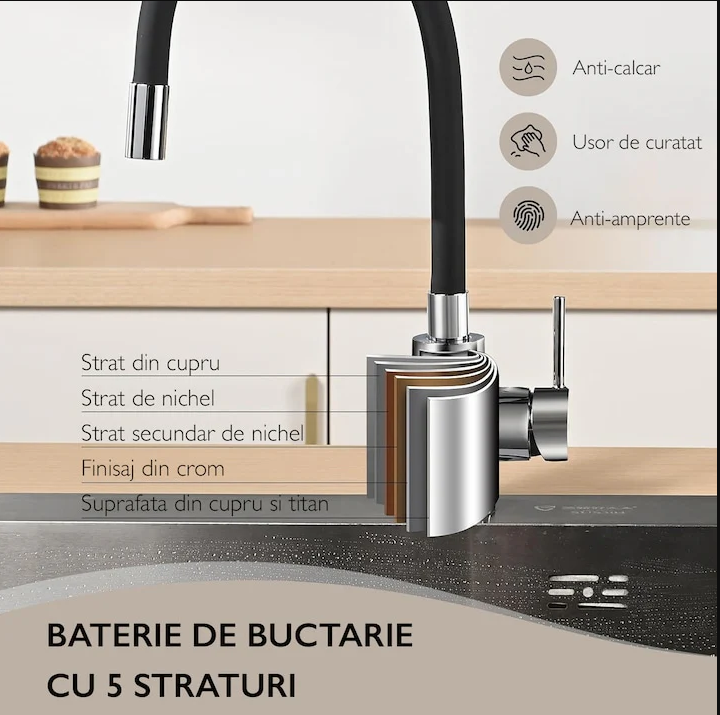 Baterie de bucatarie NewTech, flexibil 360°, aerator, negru/argintiu, 55.5 x 8 x 3 cm