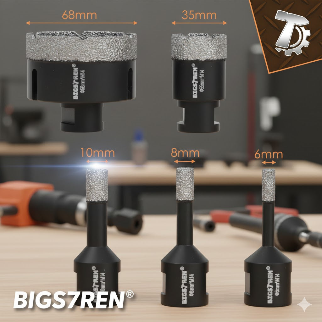 Set de 6 carote cu diamant, NewTech, Otel, diametre de 6/8/10/12/35/68 mm, M14, cu ghidaj pentru burghiu, pentru gresie, piatra, granit, ceramica, Taiere uscata sau umeda