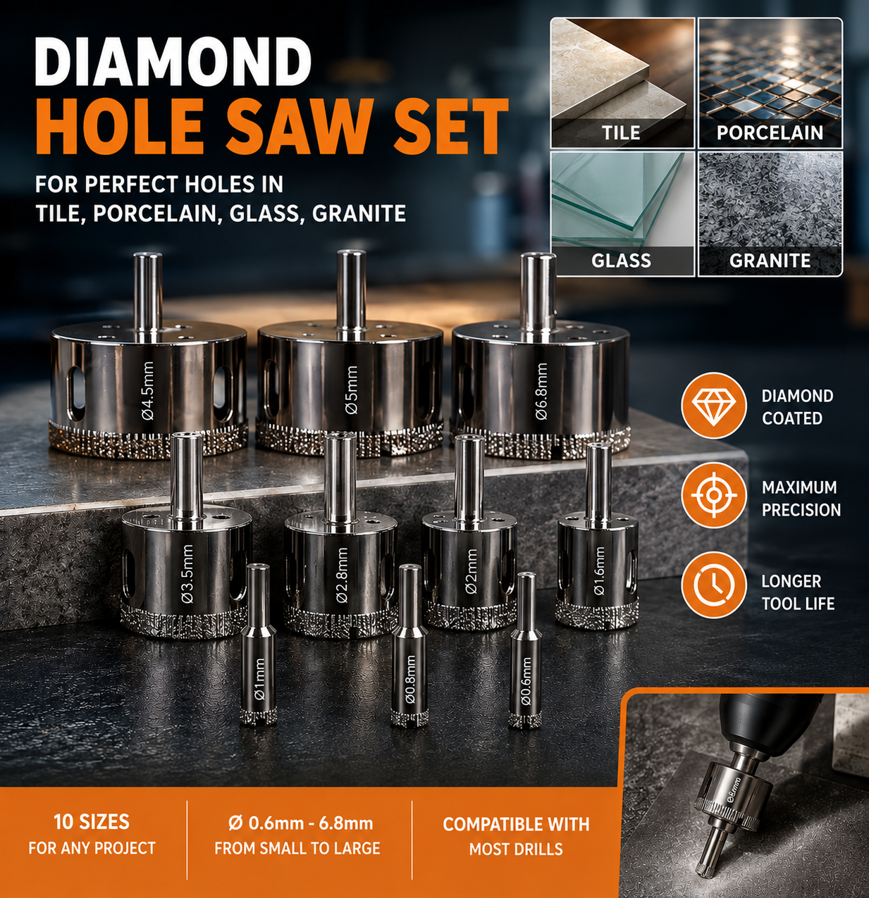 Set 10 carote diamantate 6-68 mm pentru gresie, faianta, sticla si portelan, gri