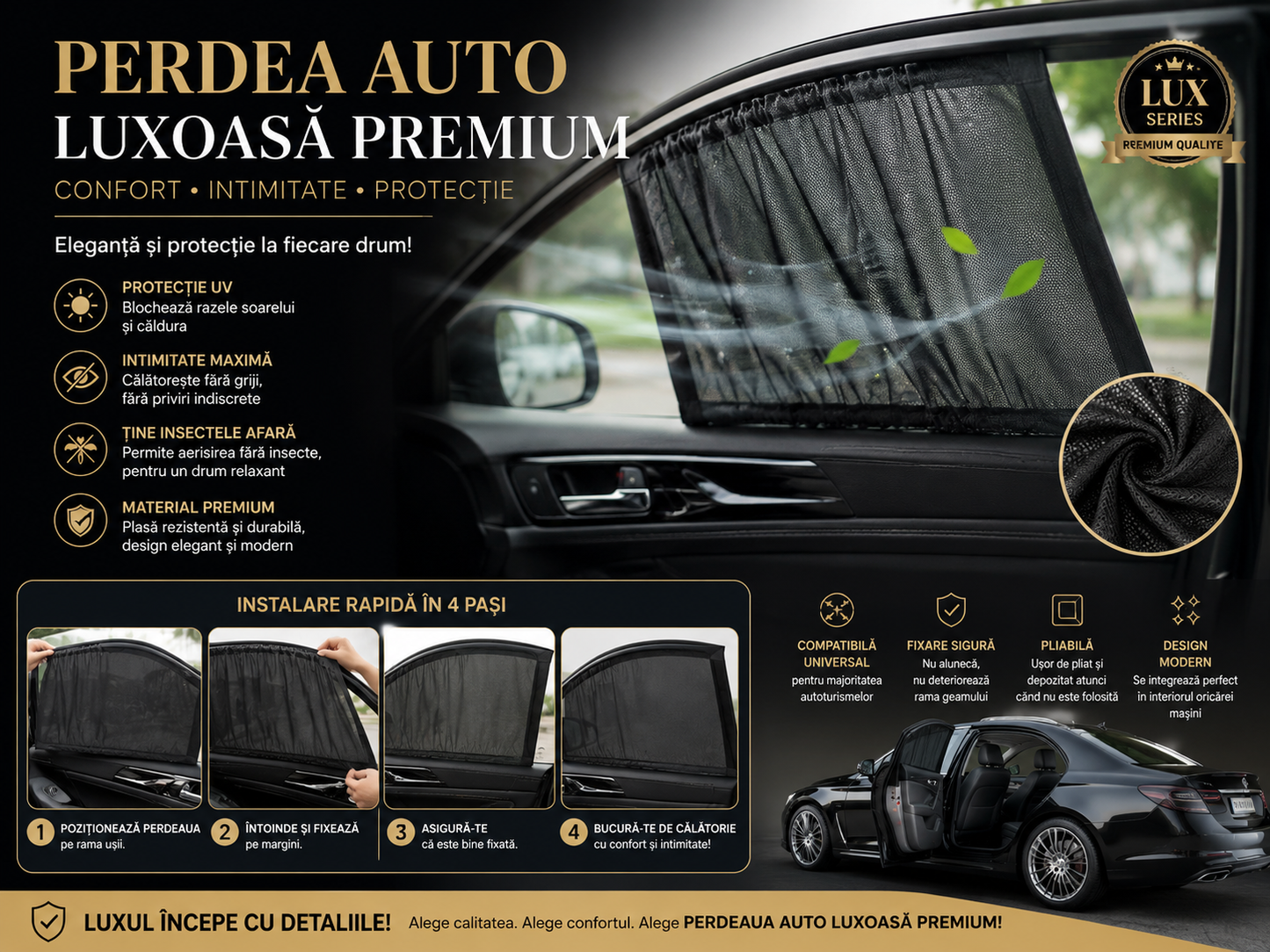 Parasolar Auto Universal Geam Spate 2 Buc, Protectie UV Copii si Bebelusi, 80x60 cm, Negru