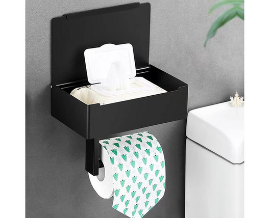 Suport Hartie Igienica NewTech 3 in 1, cu Raft si Cutie Servetele Umede, Inox, Autoadeziv, Negru