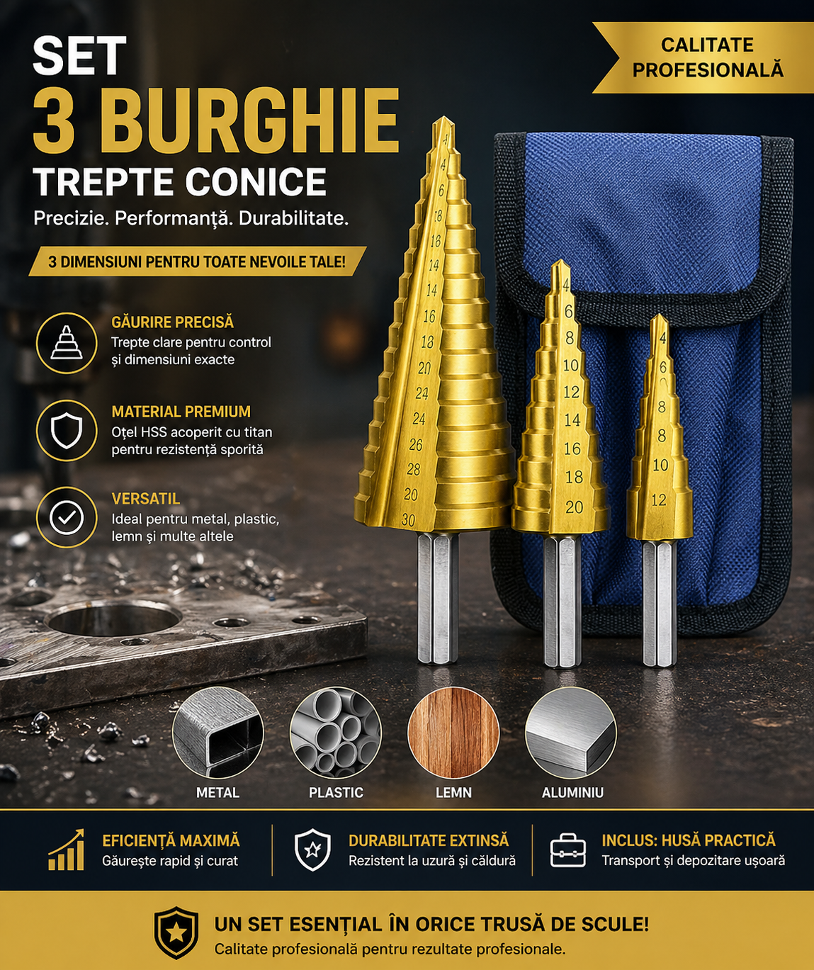 Set 3 freze conice titan cu geanta, 4-12/20/32 mm, metal, lemn, plastic, auriu