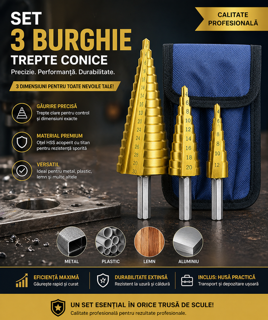 Set 3 freze conice titan cu geanta, 4-12/20/32 mm, metal, lemn, plastic, auriu
