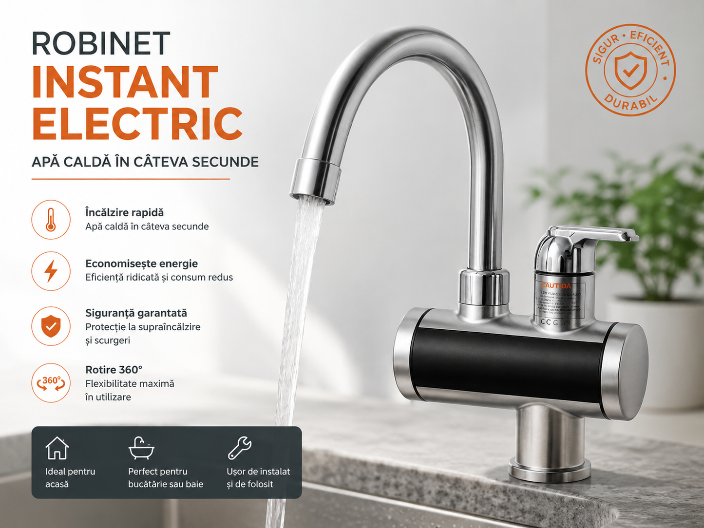 Robinet Electric Instant Apa Calda 3000W cu Afisaj LED, Inox Flexibil, IPX4, 30-60°C, Argintiu