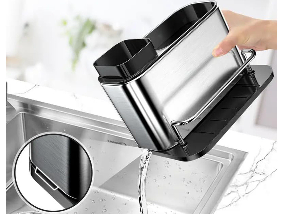Organizator Bucatarie NewTech cu Dispenser Detergent, Suport Burete, 2 Compartimente, Argintiu Negru
