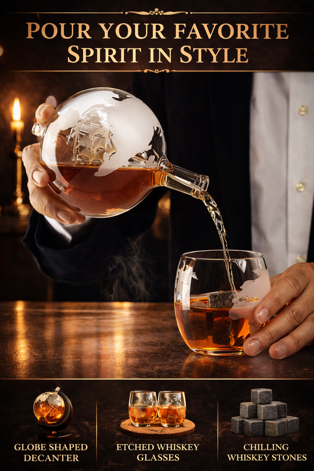 Set Decantor Whiskey Glob Pamantesc NEWTECH, 1X Carafa din Sticla 850 ml, 2X Pahare, 2X Suporturi pentru Pahare, Dop, 9 Cuburi pentru Racire cu Saculet, Cleste si Palnie, pentru Whisky, Scotch, Coniac, Bourbon, Ideal Cadou, Transparent