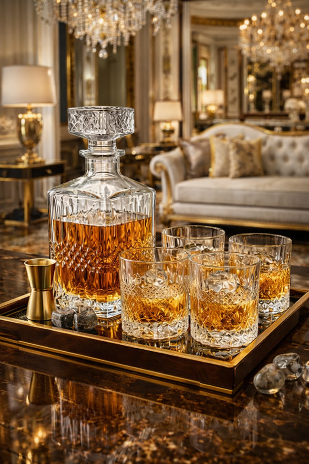 Set decantor si pahare pentru Whisky, 4 pahare 200 ml, Decantor 940 ml, sticla transparenta, stil modern