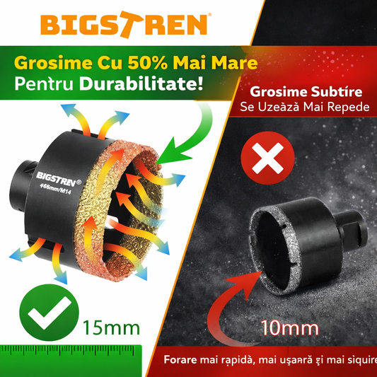 Set 6 carote diamantate si adaptor, NewTech, diferite dimensiuni 6, 8, 10, 35, 68 mm, freza conica 2-50 mm, filet M14, pentru materiale dure, valiza depozitare, otel mangan