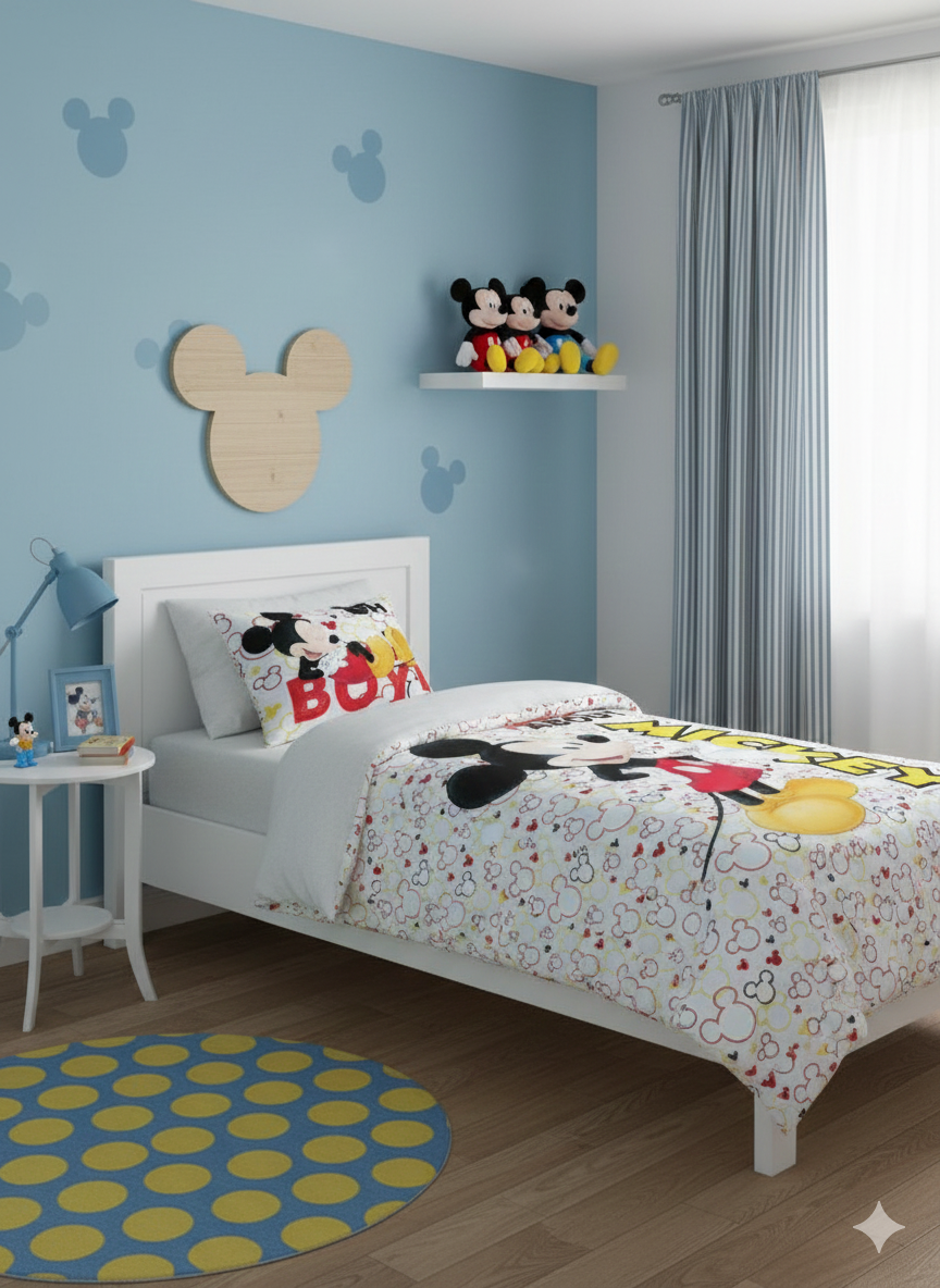 Lenjerie de pat Javoli, 1x husa pilota 140x200, 1x fete de perna 70x90, Bumbac 100%, Hipoalergenica, model Disney Mickey Mad, culoare Multicolor