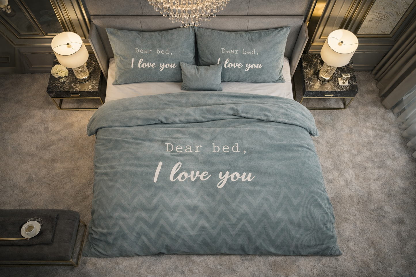 Lenjerie de pat Sleeptime, 1x husa pilota 200x200/220, 2x fete de perna 60x70, Microfibra, Hipoalergenica, model I Love Bed Green, culoare Verde